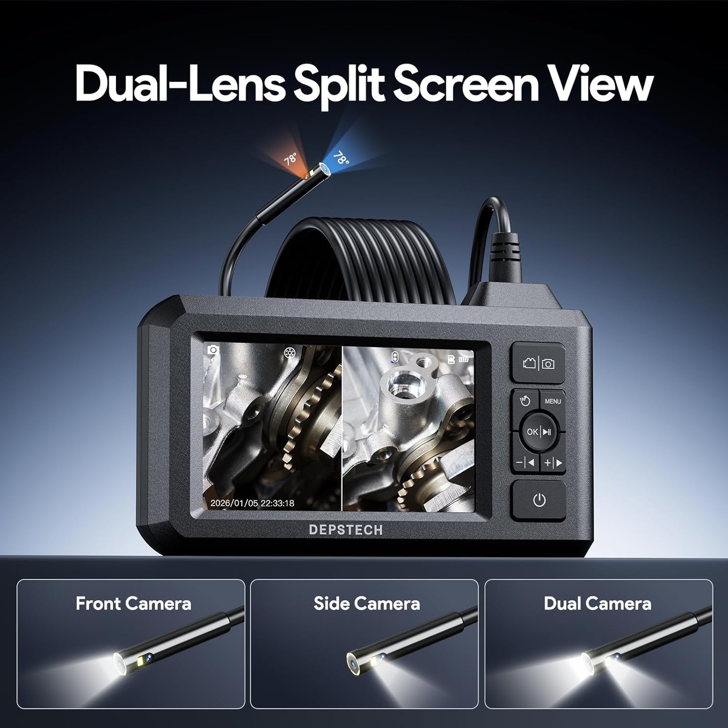 DEPSTECH Dual Lens Industrial Endoscope, 1080P Digital Borescope Inspection Camera, 7.9mm IP67 Waterproof Sewer Camera with 4.3