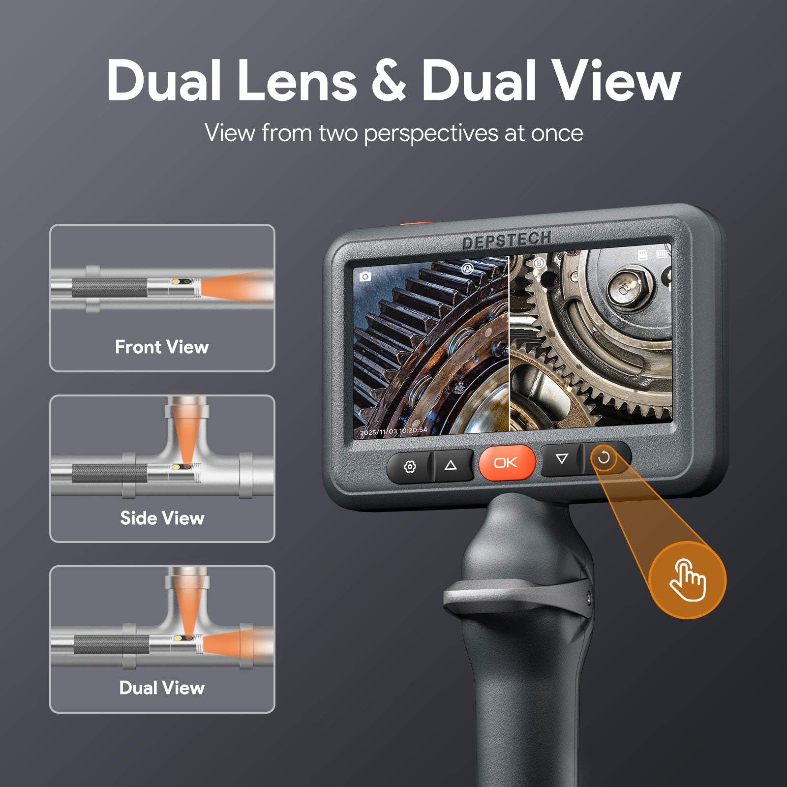 DS660 Dual Lens Borescope Camera with Light, Two-Way Articulating Borescope, 5