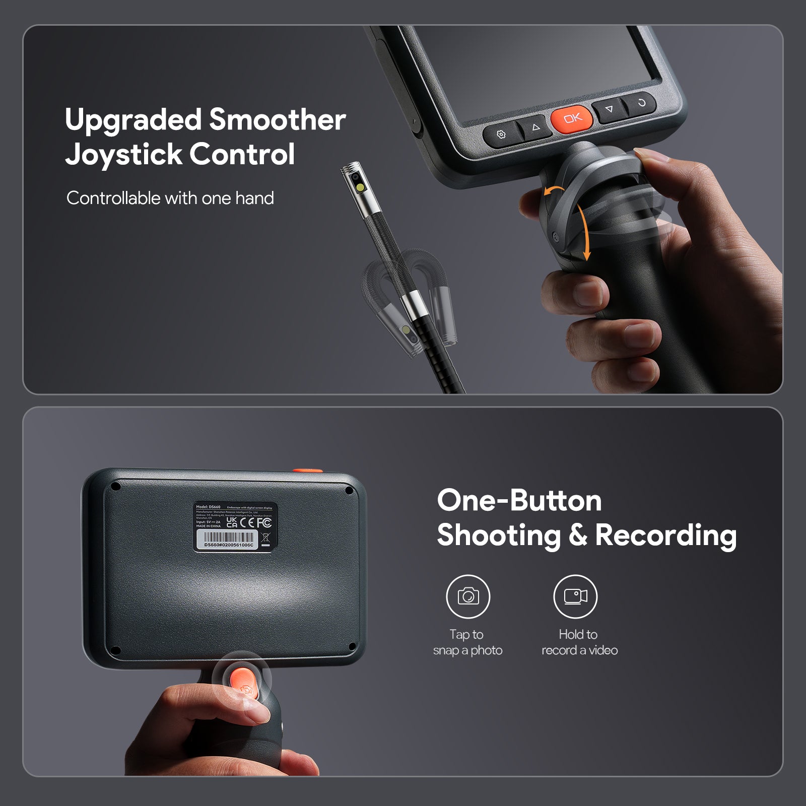 DS660 Dual Lens Borescope Camera with Light, Two-Way Articulating Borescope, 5