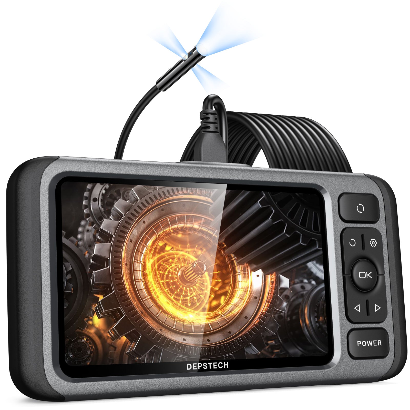 Triple Lens 1080P Endoscope Camera with Light, Audio Record, 5'' IPS Display