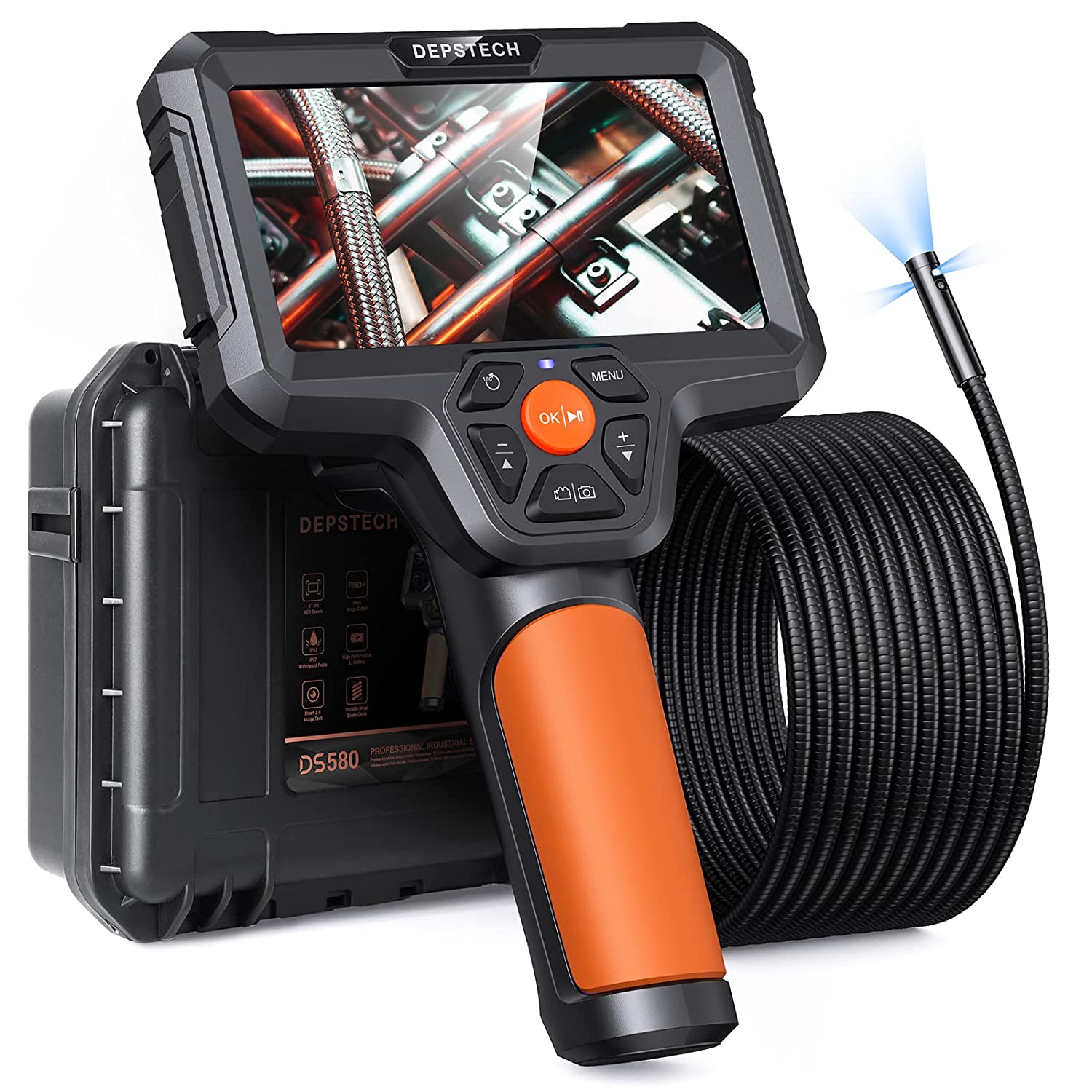 Triple Lens Borescope, 1080p Inspection Camera with 5'' IPS Screen