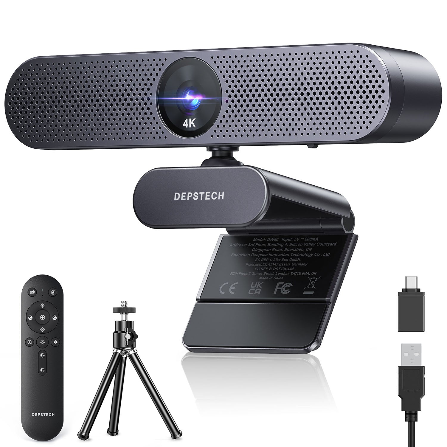 4K Webcam with Microphone and Remote, 3X Digital Zoom, Noise-Canceling Mics