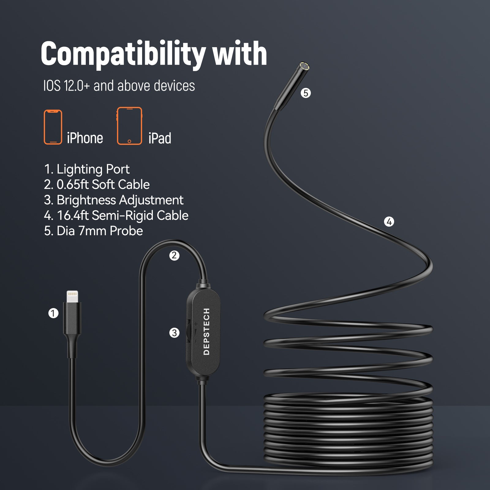 DEPSTECH NTC53 Endoscope Waterproof Snake Camera for iPhone and iPad