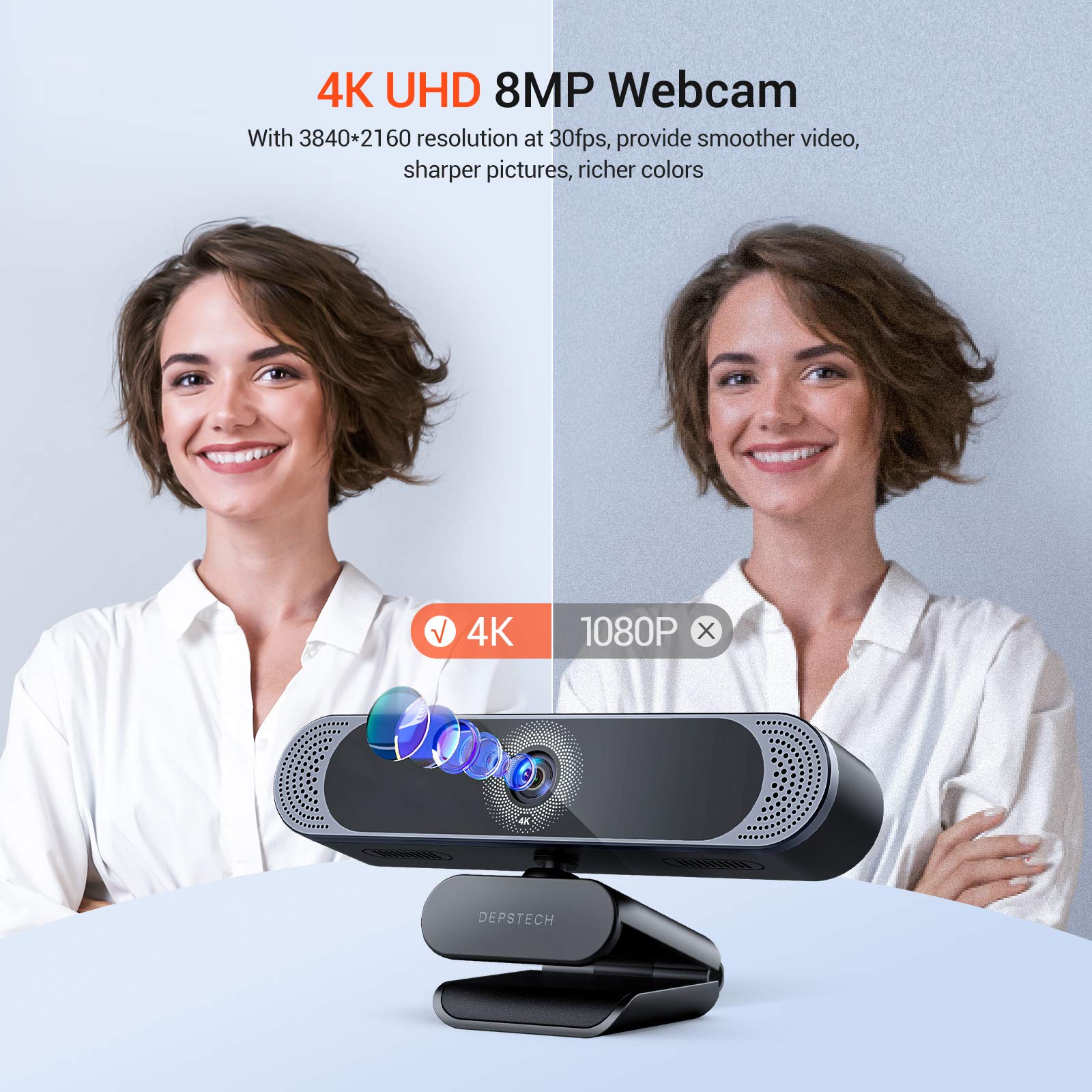DEPSTECH DW49 4K Webcam Ultra HD 1/2.55'' Sony Sensor Autofocus Webcam, 80° FOV (Black)