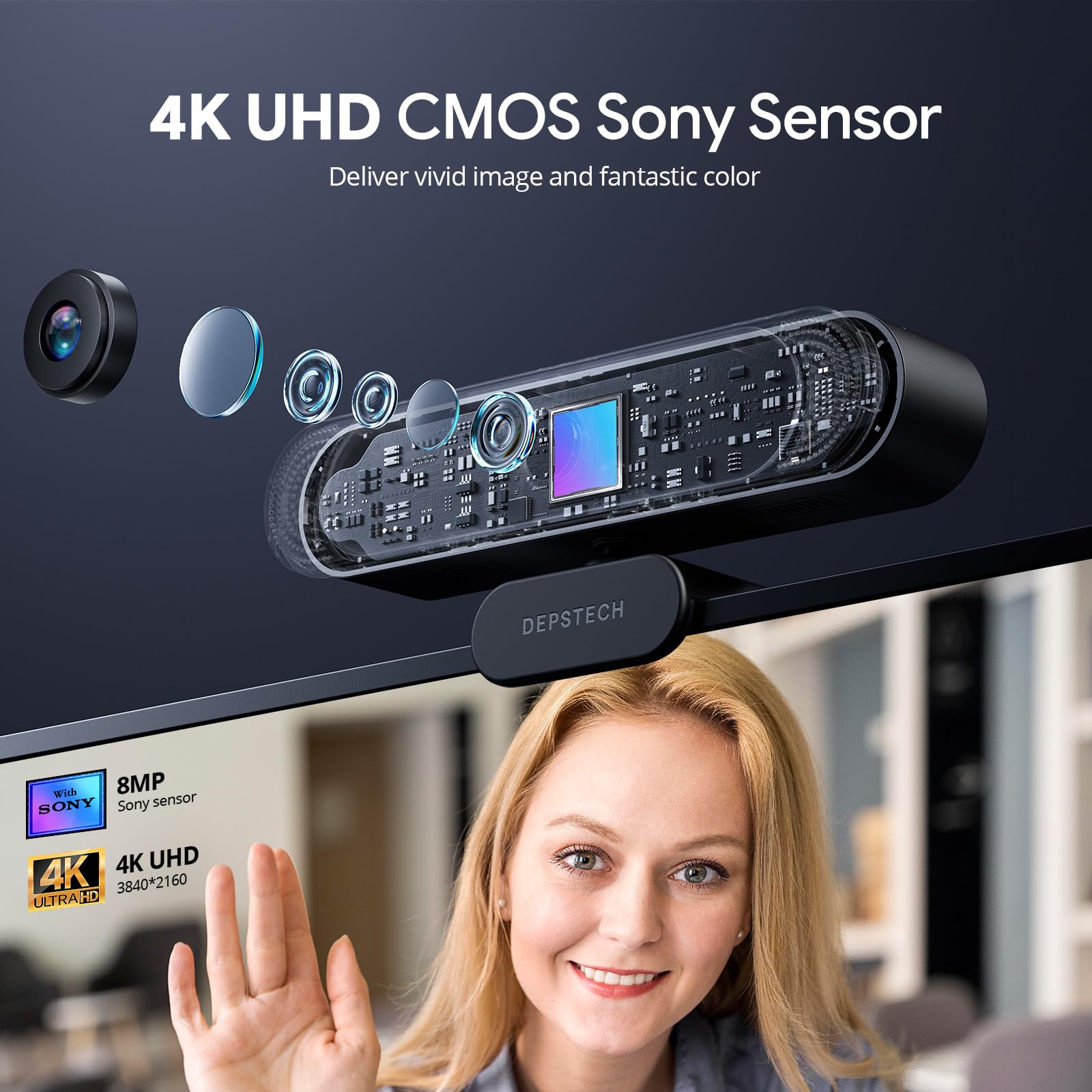 DEPSTECH DW49 PRO 4K Webcam, Ultra HD 1/2.55'' Sony Sensor 3X Digital Zoom Autofocus, Dual Noise-Canceling Microphones, Remote Control, 80° FOV, Streaming Webcam for PC Mac Laptop Video Call Zoom Skype Teams