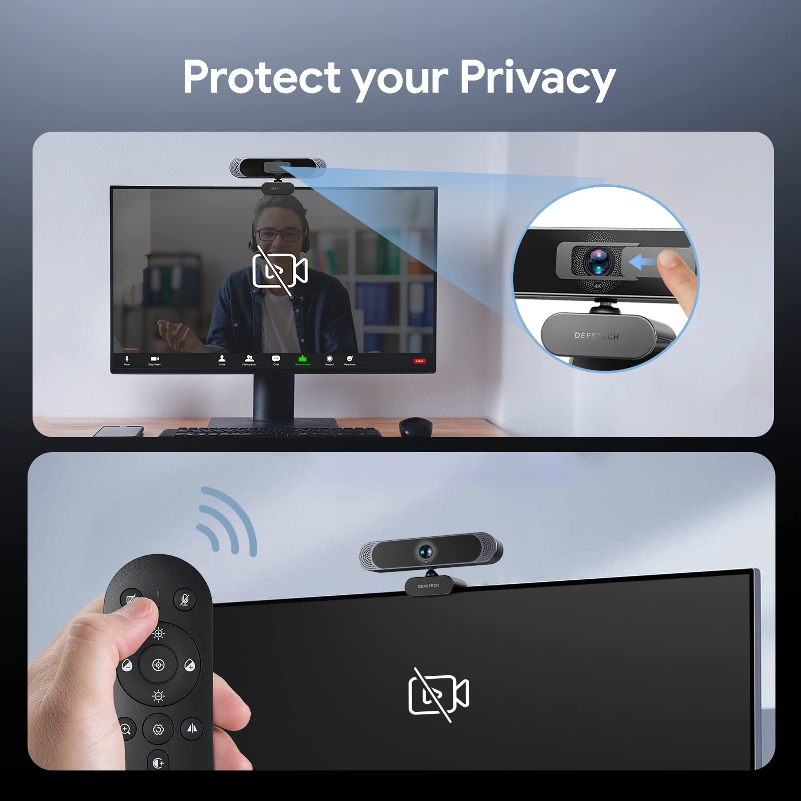 DEPSTECH DW49 PRO 4K Webcam, Ultra HD 1/2.55'' Sony Sensor 3X Digital Zoom Autofocus, Dual Noise-Canceling Microphones, Remote Control, 80° FOV, Streaming Webcam for PC Mac Laptop Video Call Zoom Skype Teams