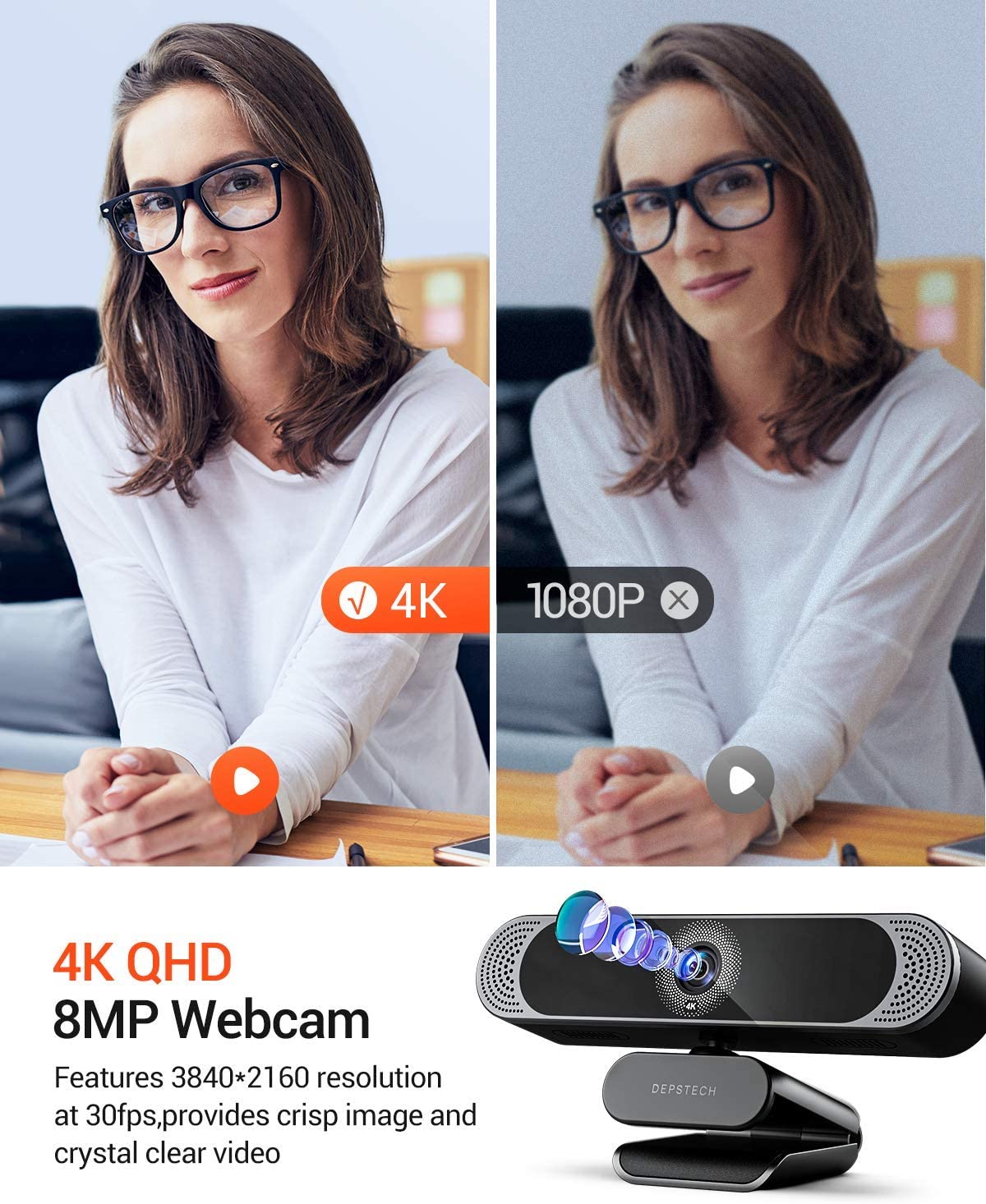 DEPSTECH DW49 4K HD Webcam with Privacy Cover and Tripod