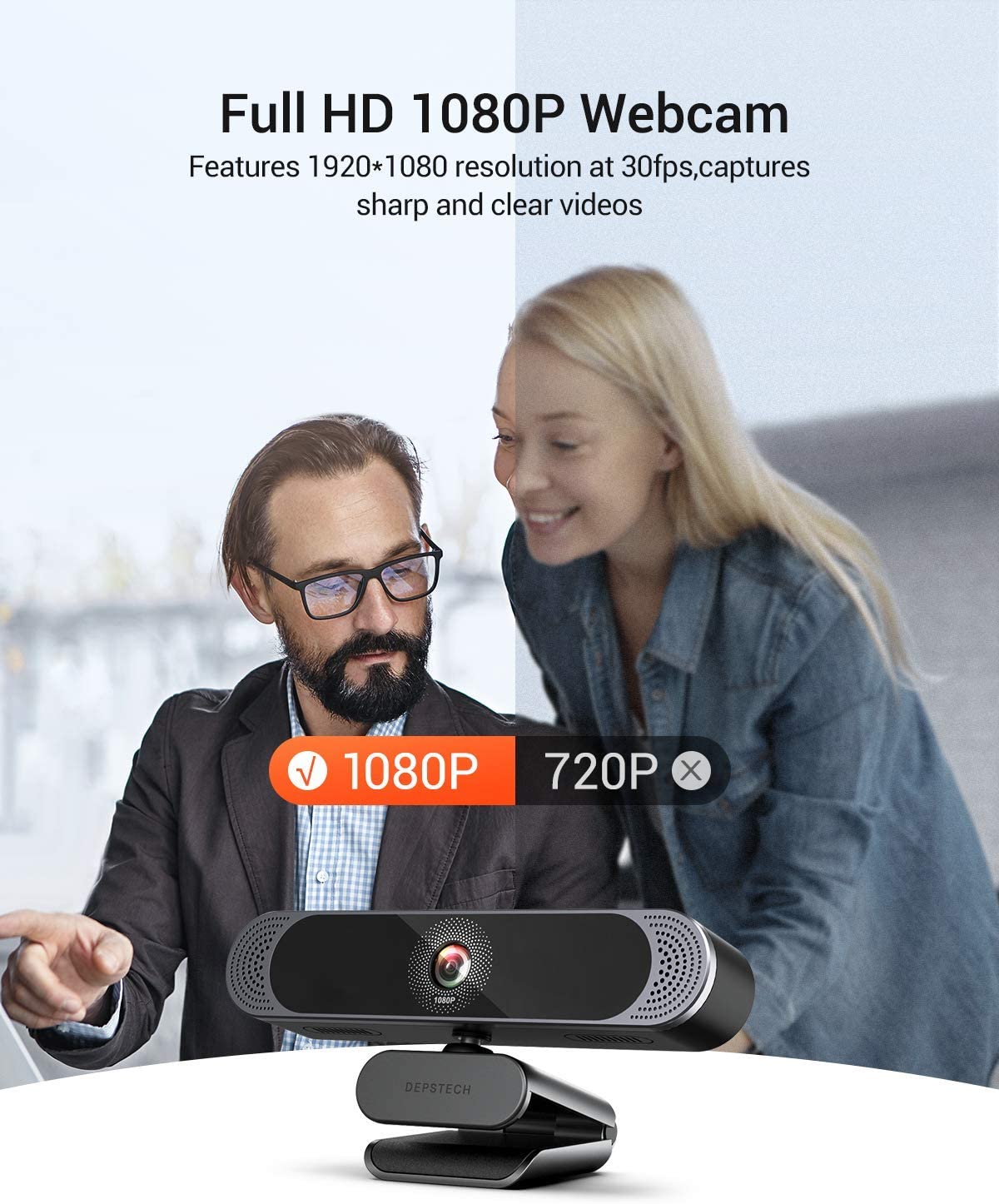 Full HD Webcam with Built-in Microphone and Rotatable Tripod, 1080P Video  and Wide Angle Camera, Privacy Cover, for Desktop PC or Laptop Computer