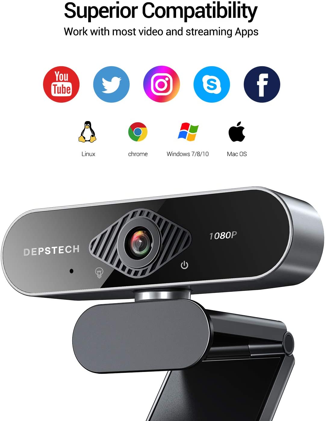 Webcam avec micro, 1080P HD avec correction automatique de la lumière 