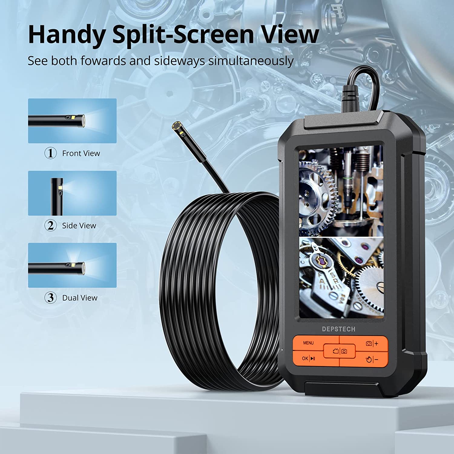 DEPSTECH Endoscope à écran IPS de 12,7 cm, caméra endoscope à double  objectif 1080p avec lumière, écran divisé, caméra d'inspection étanche  IP67