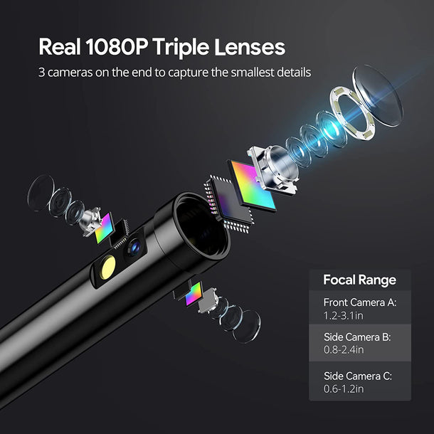 Triple Lens Borescope, 2.0MP Endoscope Camera with 4.3'' Color Screen