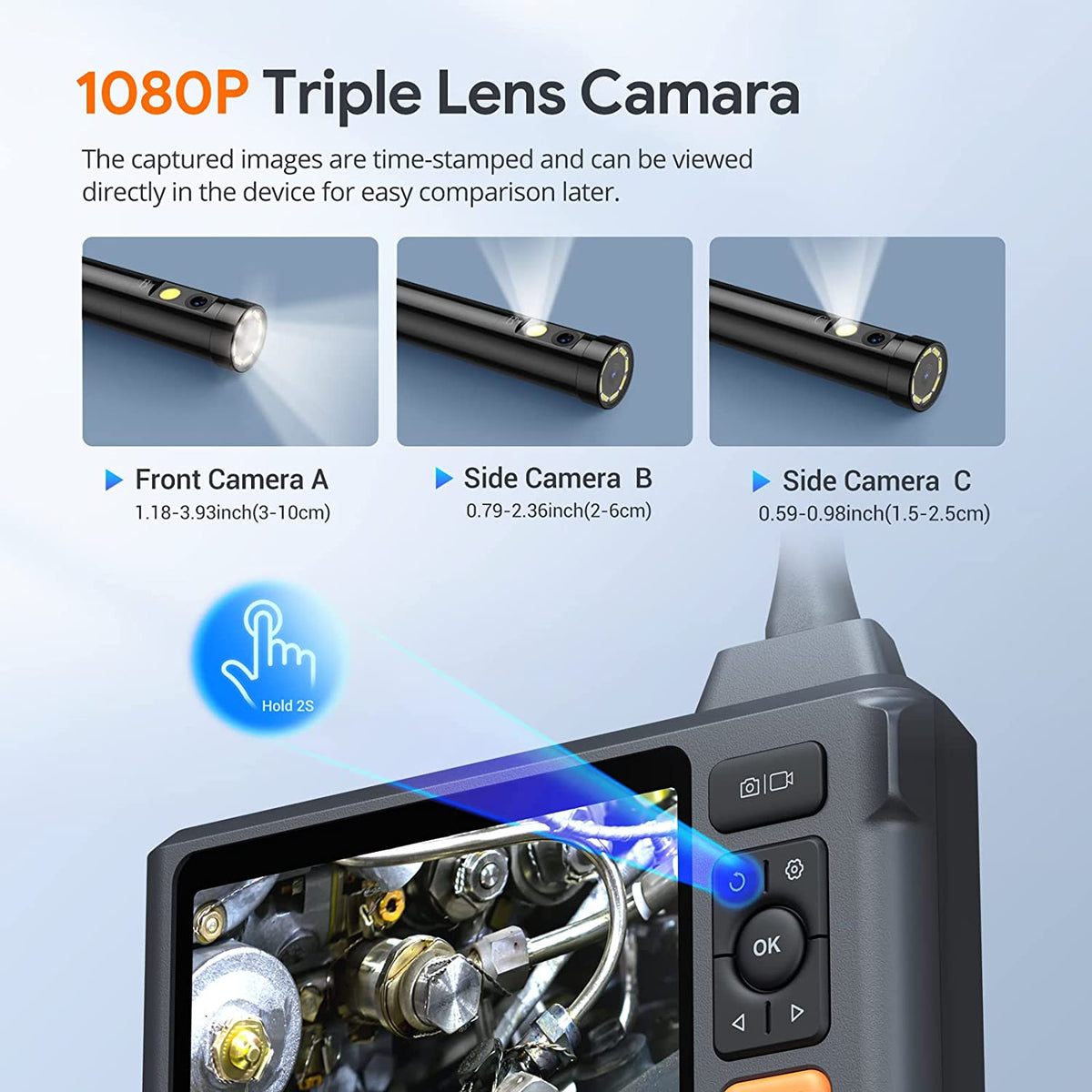 Triple Lens 1080p Borescope Inspection Camera with 5