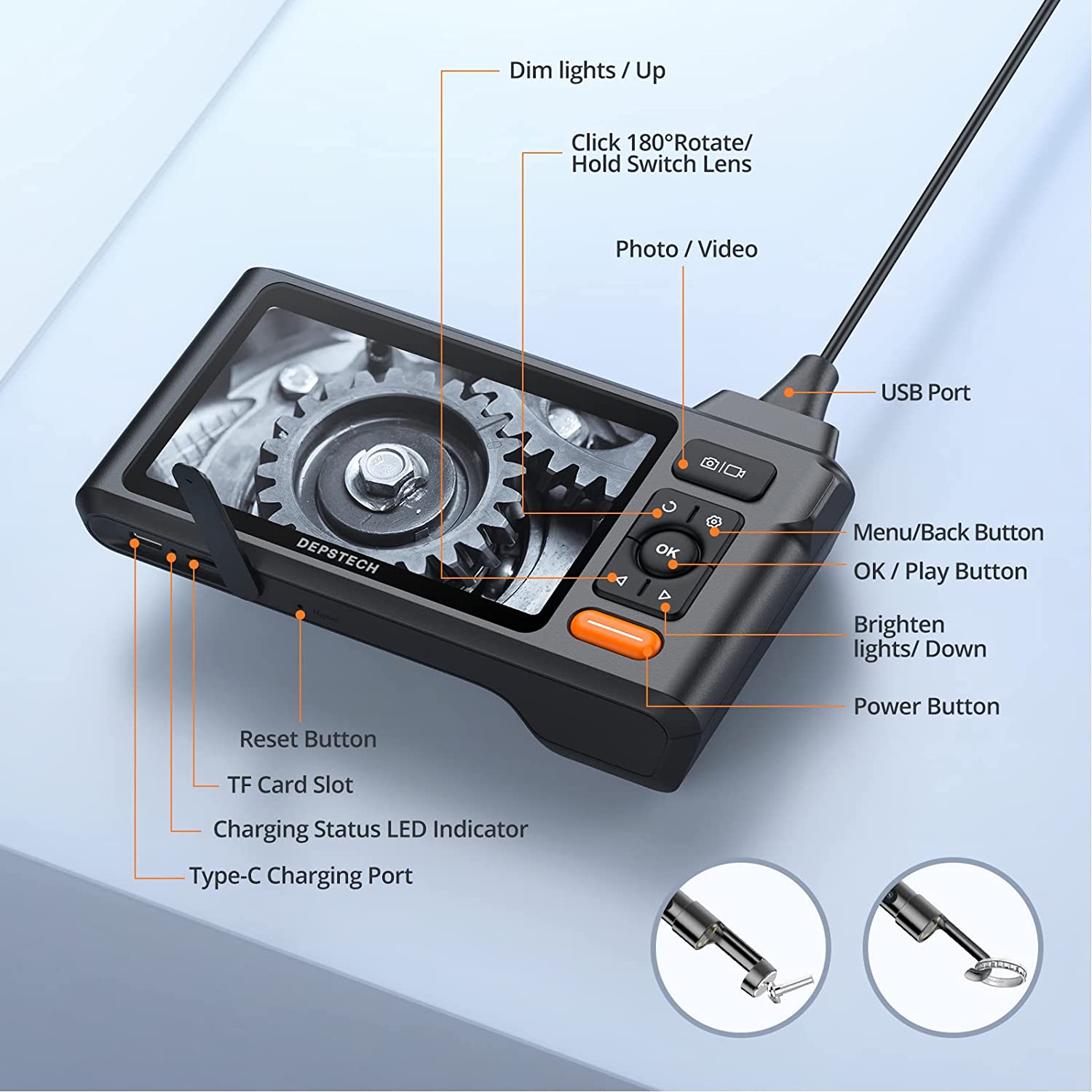 Triple Lens 1080p Borescope Inspection Camera with 5