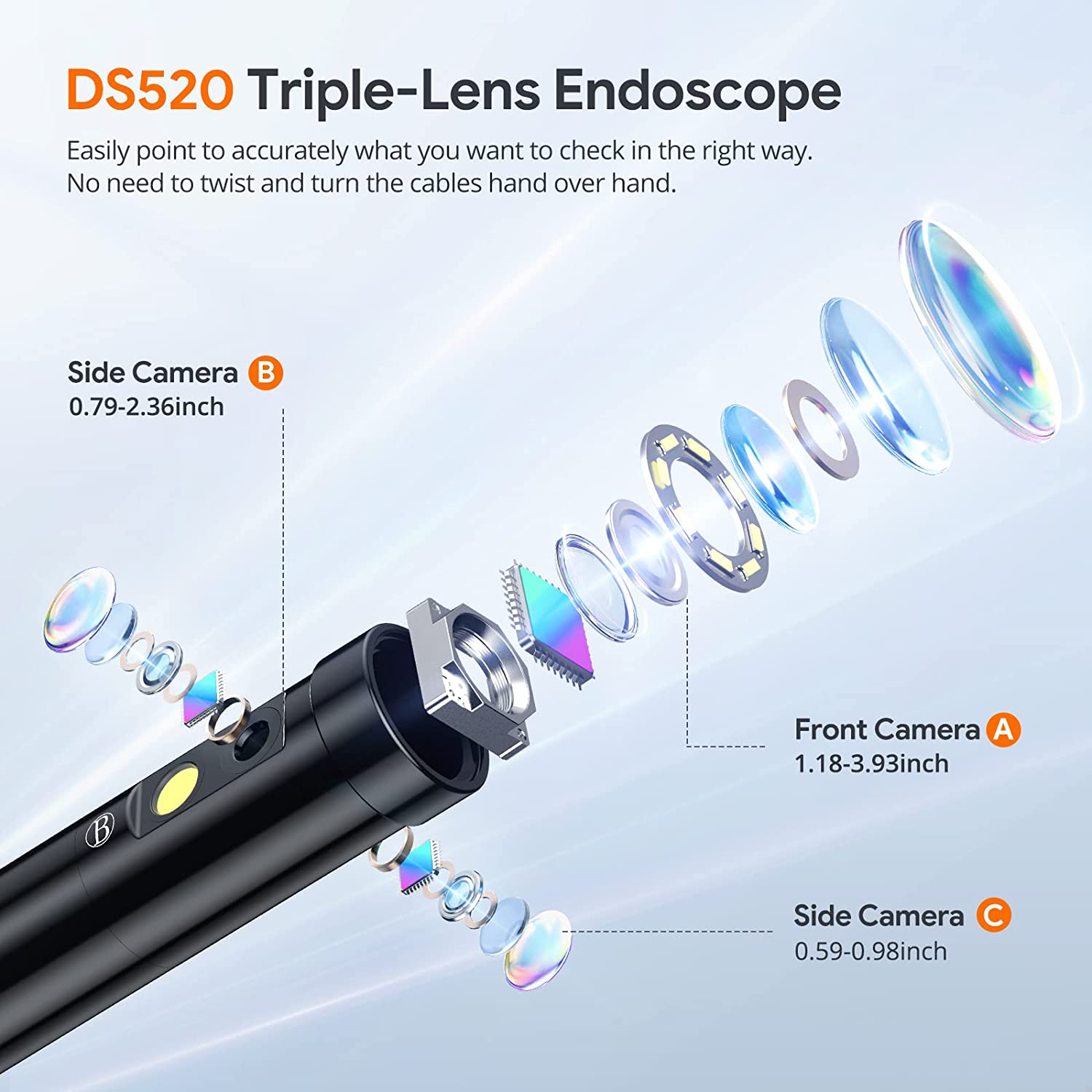 Triple Lens 1080p Borescope Inspection Camera with 5