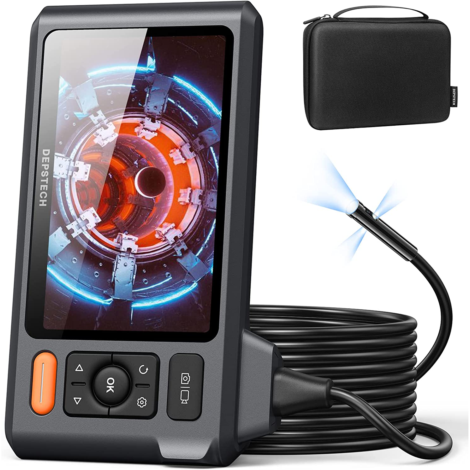 Triple Lens 1080P Borescope Inspection Camera with 5 IPS Screen, 10 LEDs 50ft / 15M