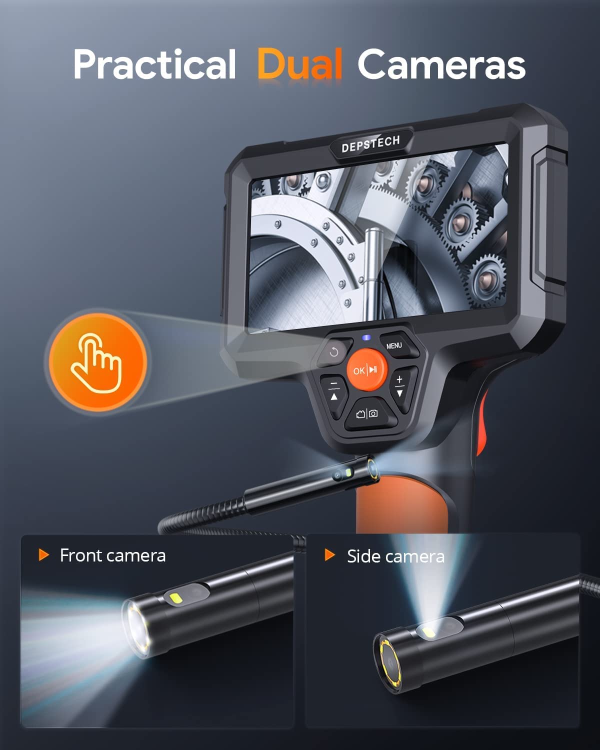 Endoscope à double objectif, caméra d'inspection industrielle HD 5,0 MP avec écran IPS 5''