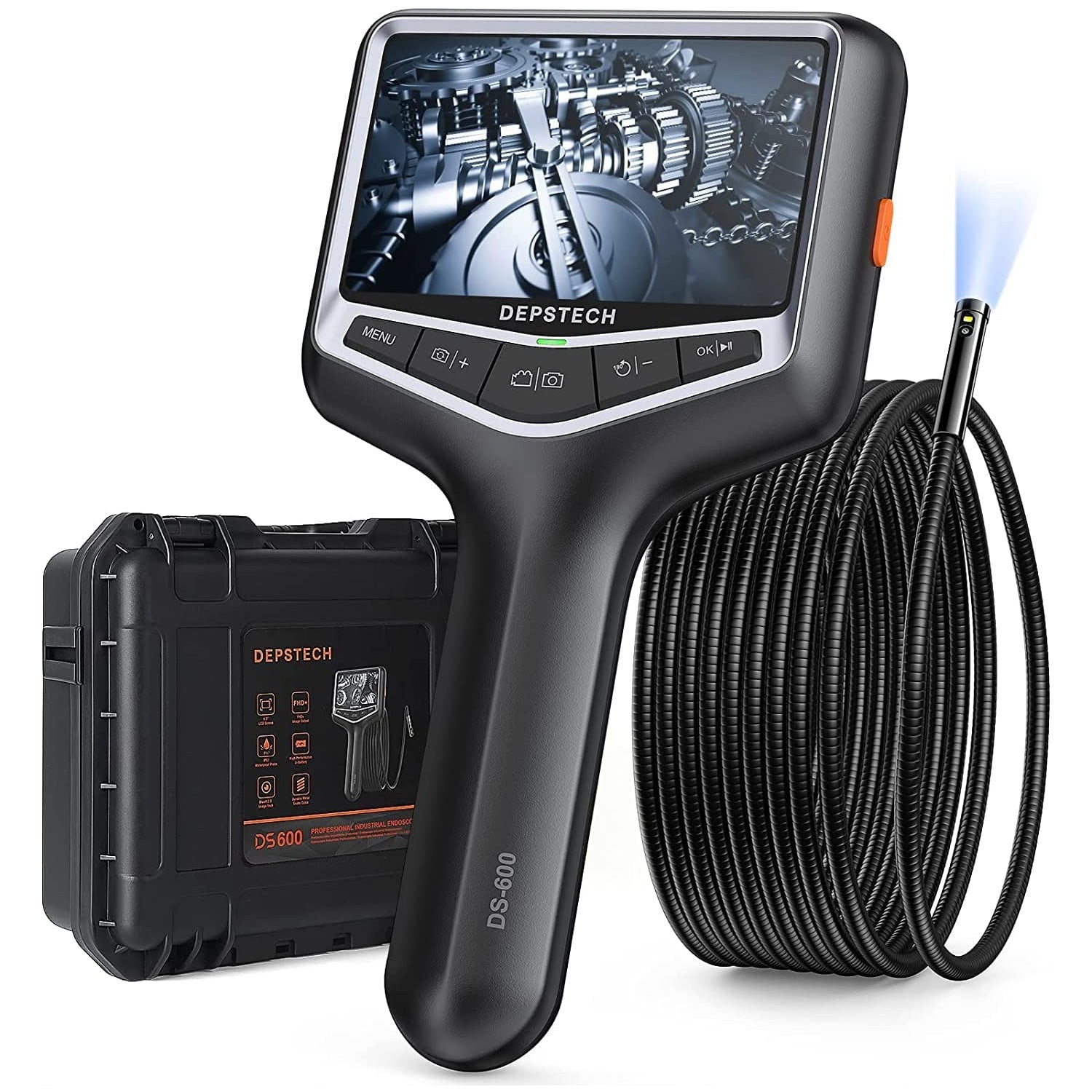 Dual Lens Endoscope with 50FT Semi-Rigid Cable, DEPSTECH 1080P Industrial  Borescope Inspection Camera with Split Screen, 7.9mm Sewer Camera with 4.3