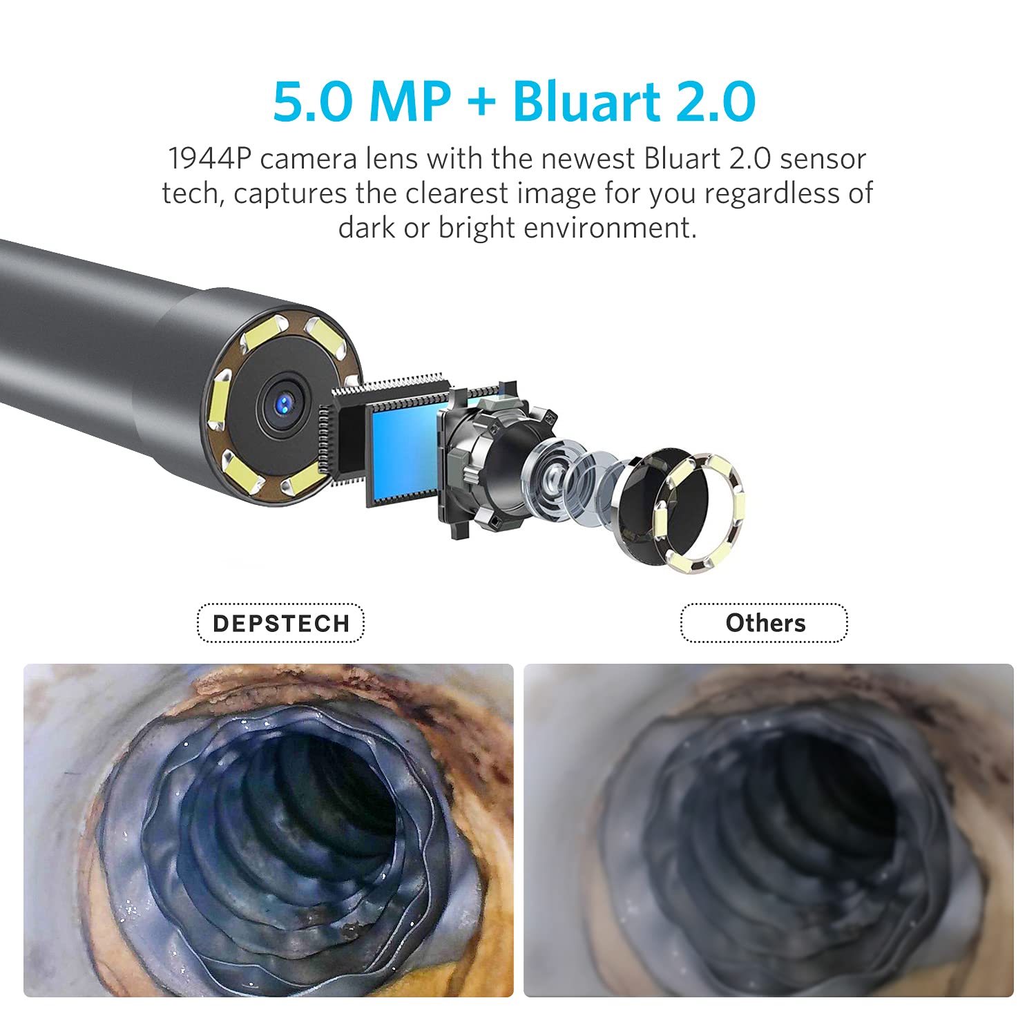 Drahtloses Endoskop, Upgrade 5.0MP Inspektionskamera 16 Zoll Brennweite 16.5ft 